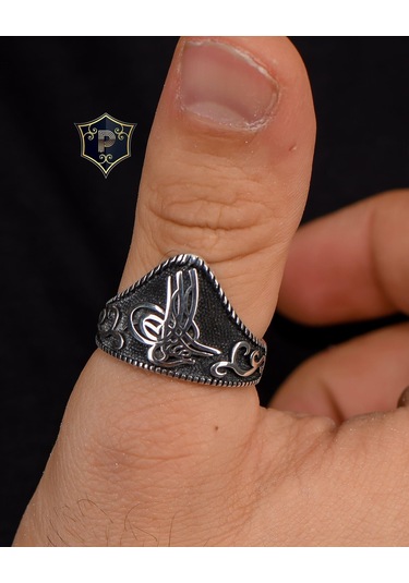 Prestij Gümüş 925 Ayar Gümüş Erkek Baş Parmak Zihgir Tuğralı Motifli Yüzük