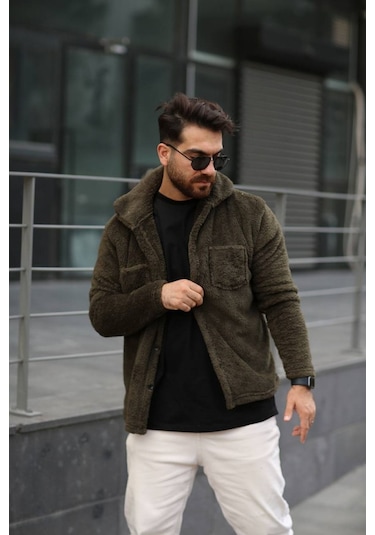 Sr Tekstil Pelüş Ceket Unisex Normal Kalıp Cep Detaylı Koyu Haki