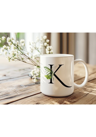 K Harf Zarif Yaprak Desenli Kupa Bardak - Naturel Sade Alfabe Harfli Bardak - Kişiye Özel Hediye Beyaz