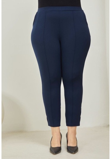 Scuba Yanlardan Cepli Önü Dikişli Paçası Çakmalı Beli Lastikli Büyük Beden Pantolon Lacivert