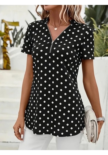 Modasize Kadın Kısa Kollu Yakadan Fermuarlı Puantiyeli Uzun Dokuma Viskon Bluz Siyah