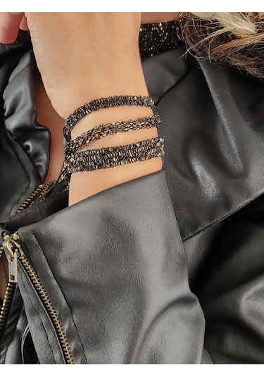 Zincir Dokuma Kordon El Yapımı Otantik Siyah Gold Renkli Bileklik Altın - Siyah