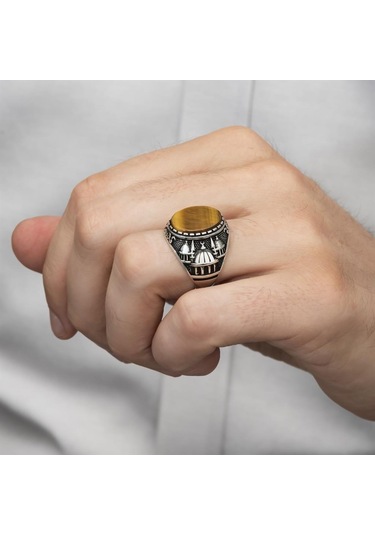 Cami Motifli Kaplan Gözü Taşlı 925 Gümüş Erkek Yüzük