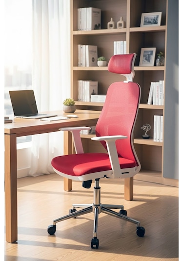 Ofisbazaar Dali Beyaz Fileli Yönetici Koltuğu Ergonomik Başlıklı Ofis Koltuğu Kırmızı Kırmızı