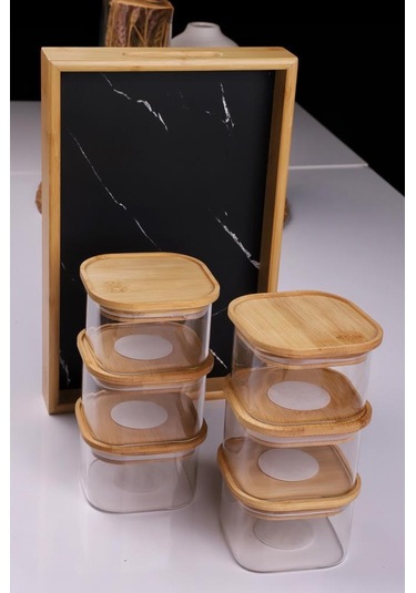 Duo 400ml 6'lı Bambu Siyah Mermer Desen Tepsili Bambu Vakumlu Kapaklı Cam Kahvaltılık Bambu