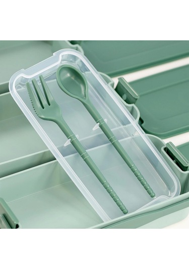 İronika 1260 Ml 3 Katlı Kapaklı Çatal Bıçaklı Beslenme Kutusu Lunch Box Beslenme Kabı - Yeşil Yeşil