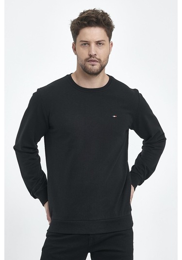 MMetalic Erkek Siyah Bisiklet Yaka Nakış Detaylı Regular Fit Sweatshirt 001