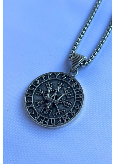 Mızraklı Vegvisir Pusula El İşçiliği Paslanmaz Çelik Zincir Erkek Kolye Gümüş