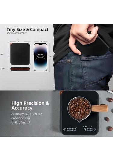 Fortunelane Kahve Terazisi: Hassas Ölçüm, 3 Mod, Entegre Zamanlayıcı, Şarj Pil, Siyah, 2kg Kapasite Siyah