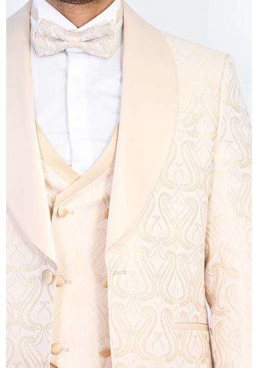 Dalgalı Desenli S Al Yaka Yelekli Krem Smokin - Wessi Krem