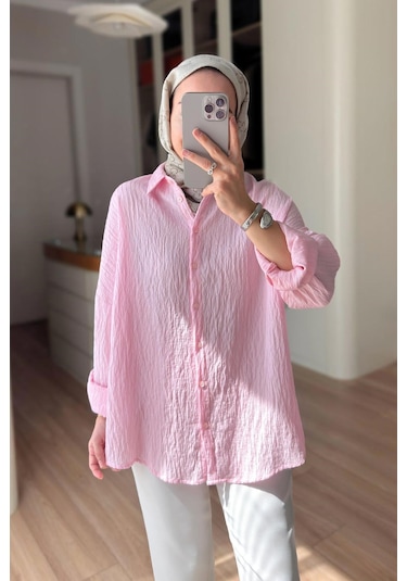Kahijab Nakışlı Pul Detay Oversize Gömlek - Pembe