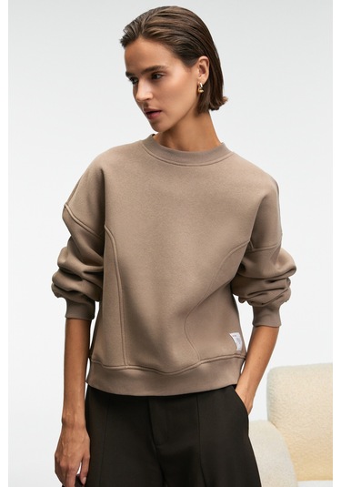 Grımelange Serenya Kadın Pamuklu Etiket Detaylı Bisiklet Yaka Vizon Sweatshirt Vizon