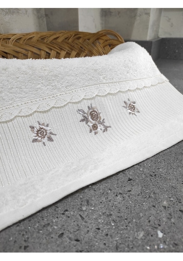 %100 Pamuk & Nakışlı Havlu Takımı - 2'li Dantelli Havlu Seti - 40x60 Cm Ekru Ekru