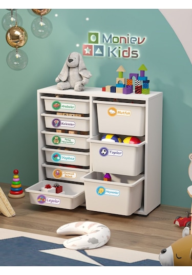 Beyza 9 Sepet Stickerlı Çok Amaçlı Dolap Oyuncak Dolabı Beyaz Beyaz
