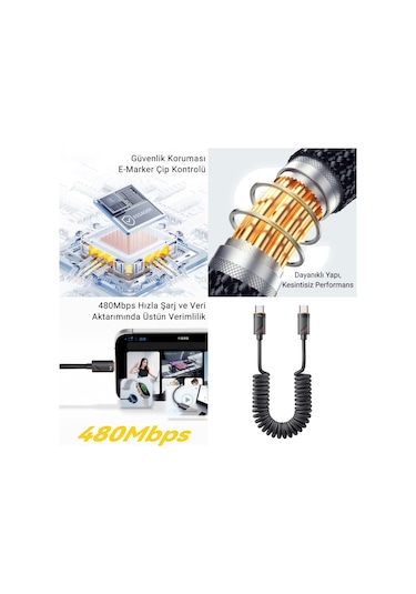 Essager Pd 100w Type-c To Type-c 1.8m Yaylı Spiral Data Ve Hızlı Şarj Kablosu, Kopmaz, Karışmaz Kablo