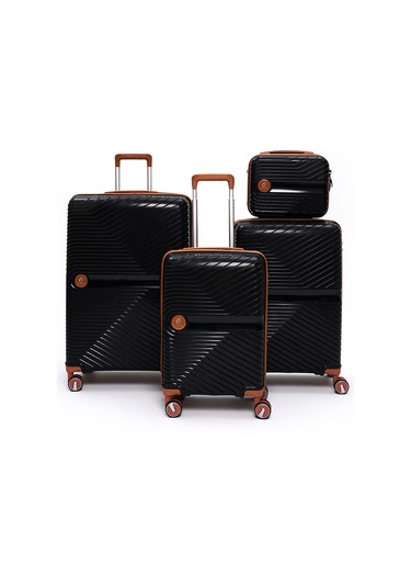 4 Lü Valiz Seti Elatae Exclusive Pro Polipropilen Kırılmaz Büyük - Orta - Kabin Boy Ve Makyaj Siyah - Camel 5239