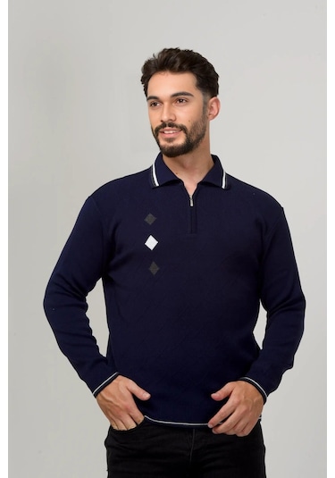 Kamalı Erkek Çelik Örgü Intarsia Gofra Desen Fermuarlı Polo Yaka Tüylenmez Premium Triko Kışlık Baba Kazak Lacivert