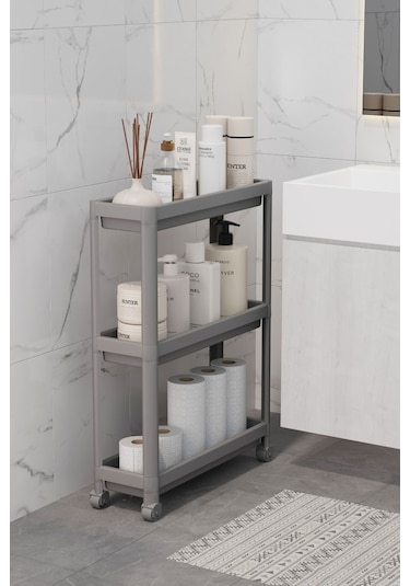 3 Katlı Tekerlekli Slim Raf Ünitesi, Mutfak Rafı, Banyo Rafı Gri