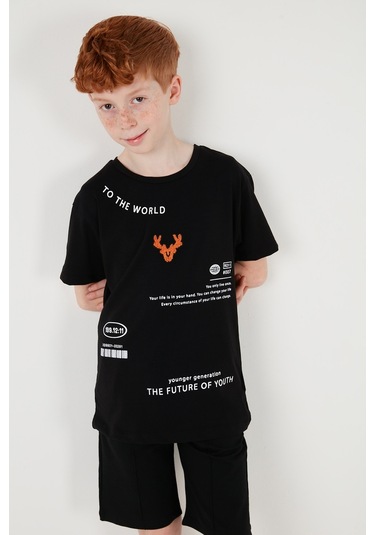 Lela Pamuklu Baskılı Bisiklet Yaka Kısa Kollu Şortlu Erkek Çocuk Takım 6212010 Siyah
