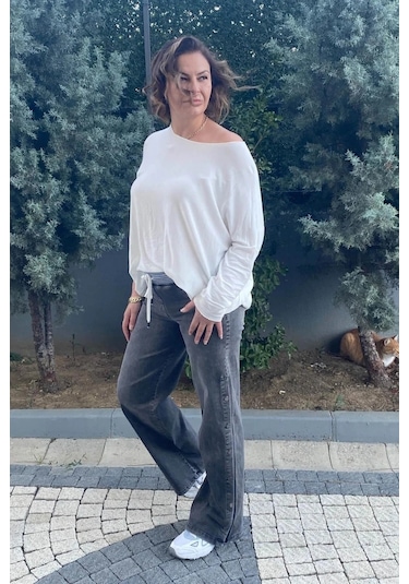 Büyük Beden Gri Yandan Çıtçıt Detaylı Kot Pantolon Gri