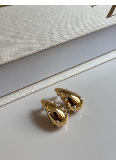 İncili Damla Form Gold Kadın Küpe Altın