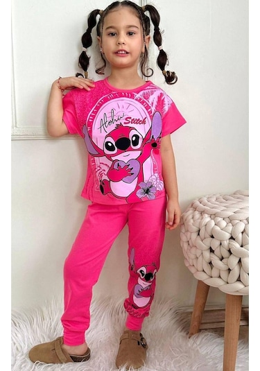 Kız Çocuk Stitchh Desenli Kısa Kollu Tshırt Eşofman 2'li Takım-995 Koyu Pembe