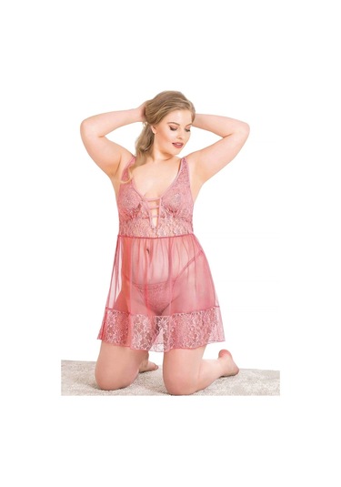 Arias Closet Büyük Beden Mercan Kısa Tül Gecelik Mercan