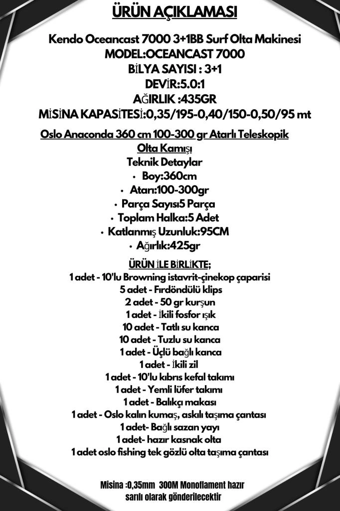 Oslo Anaconda 360cm 100-300gr Kendo Oceancast 7000 Göl Ve Deniz Olta Seti Standart