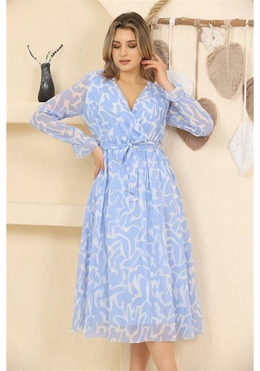 Neşeli Butik Kadın Mavi Desenli Şifon Elbise Rssn32 Mavi