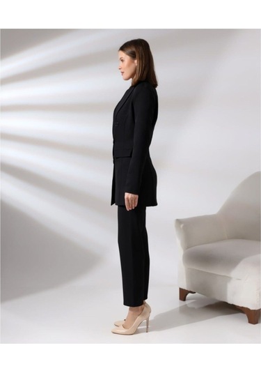 Kadın Kruvaze Blazer Ceket Pamuklu Atlak Kumaş Pantolon Takım Elbise Siyah Siyah