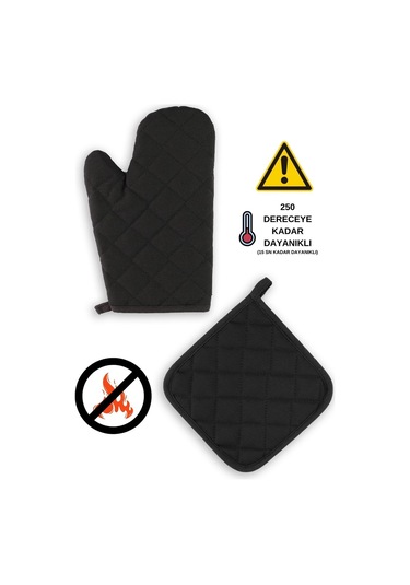 Yanmaz Fırın Eldiveni Ve Fırın Tutacağı 1 Eldiven 1 Tutacak Siyah