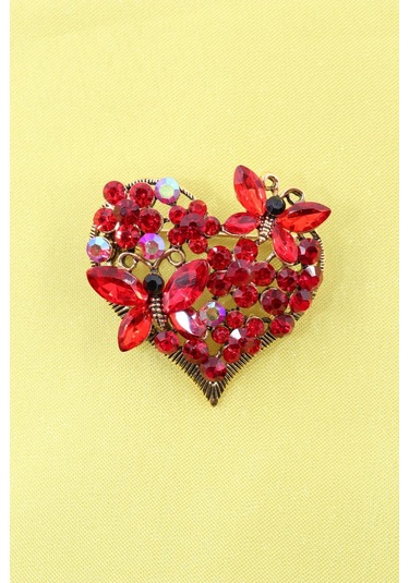 Kelebekli Kalp Broş. Kırmızı Yakut Taşlı Kelebekli Kalp Yaka İğnesi Broş. Kadın Kalpli Kelebek Broş Çok Renkli