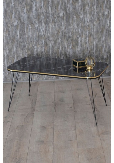 Orta Sehpa Kr Siyah Tel Ayak Çift Altın Bendir Siyah Mermer Desen