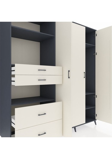 Kronos Dolap 12 Raflı 4 Çekmeceli Tek Askılı 220x59x243 Antrasit-aytaşı/aytaşı Aytası/aytası