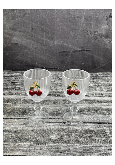 2 Li Kristal Cam Kahve Yanı Su Bardağı Kiraz Bardak Kirazlı 75ml