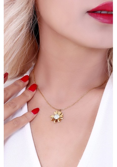 Kadın Altın Kaplama Papatya Çelik Kolye Gold Renk Altın