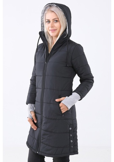 Kışlık Kapüşonlu Orta Boy Kadın Şişme Mont Co805syh Siyah