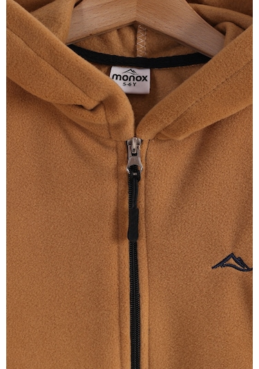 Monox Lastik Manşetli Fermuarlı Kapüşonlu Çocuk Unisex Polar Ceket Camel
