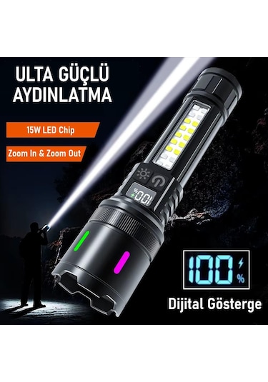 Valkyrie Şarjlı 15w Led 7 Işık Modu Çakarlı Zoom Özellikli Dijital Güç Göstergeli Uzun Pil Ömrü Siyah