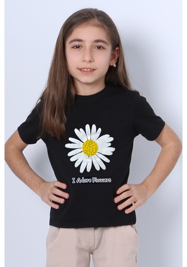 Hçm Kız Çocuk Tshirt Papatya Baskılı Bisiklet Yaka D26 Siyah