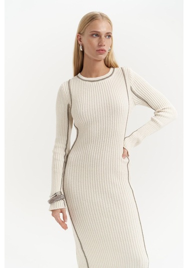 Aston Çizgi Detay Bej Triko Elbise Bej