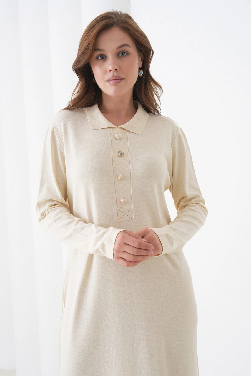 Kadın Uzun Kol Gömlek Yaka Triko Önden Düğmeli Triko Spor Şık Elbise Bej