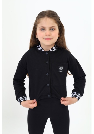 Toontoy Kız Çocuk Kolej Yaka Çıtçıt Kapama Baskılı Renk Bloklu Örme Hırka - 2 İplik Şardonlu Siyah