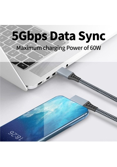 Honmex Gümüş Gri Örgülü Vr Bağlantı Kablosu C-c + Adaptör 5m - 5gbps Veri Transferi Bakır Çekirdekli