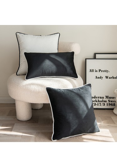 Youmex Koyu Siyah Beyaz Kenarlı Kadife İpli Detaylı Modern Minimalist Ev Dekoru Yastık Kılıfı - 45x45 Cm, Yastık Yok Oturma Odası,样板房 Kullanıma Uygun Siyah Beyaz