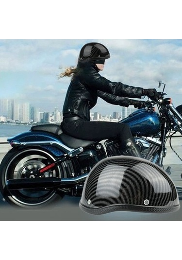 Pazly Retro Motosiklet Yarım Kask - Abs Plastik & Pamuklu - Karbon Desenli - Evrensel Boy - Yıkanabilir Kask