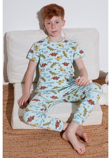 Lela Desenli % 100 Pamuk Bisiklet Yaka Erkek Çocuk Pijama Takımı 6651001 Mint