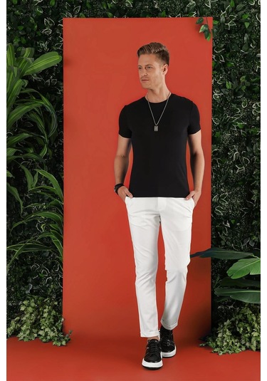 Slim Fit Bisiklet Yaka Düz Pamuklu Siyah Tişört Ts 823 Siyah