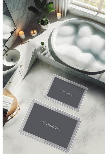 Yıkanabilir Kaymaz Tabanlı Modern Desenli 2'li Banyo Paspas Takımı Bps0041 Renkli