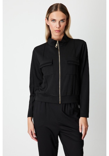 On Kadın Cep Detaylı Dik Yaka Eşofman Üstü 66509 Siyah Siyah